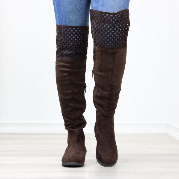 Brown Thigh High Over The Knee Flat Boots Faux Suede - Picture 10 of 14